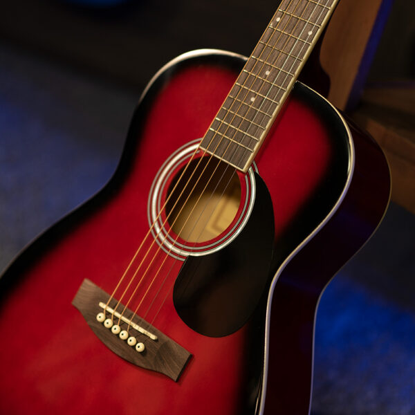 body of red JJ43 acoustic guitar